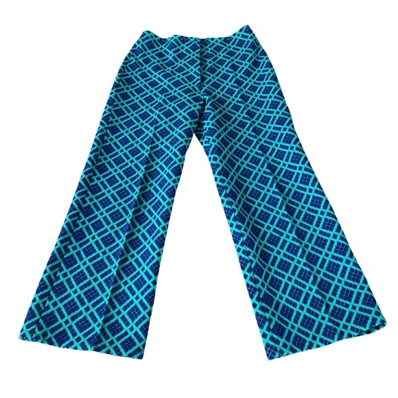 VTG Polyester Knit Wide Leg Bermuda Trousers Blue Green Geometric Plaid Med GUC - Picture 3 of 11